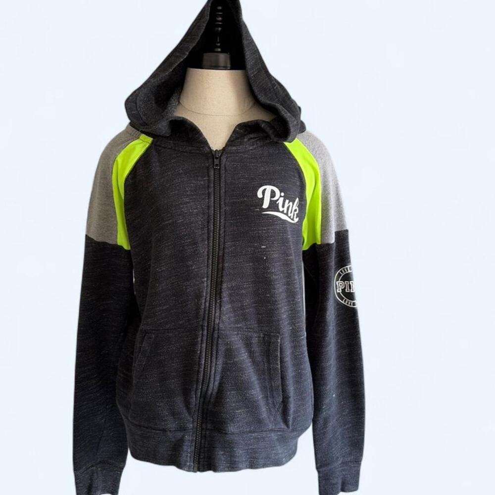 PINK Victoria's Secret Full Zip Hoodie Grey Neon Green Colorblock Medium